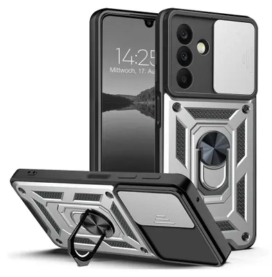 A product shot of a phone case with a built-in ring stand and camera cover.