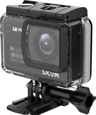 A black SJCAM SJ8 PRO action camera in a clear waterproof housing, mounted on a black bracket.
