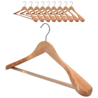 A group of wooden hangers are shown stacked, with one large, prominent wooden hanger in the foreground.