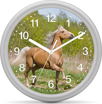 Produktbild von EUROTIME Kinderwanduhr Pferd - Pferd beige vor Grün