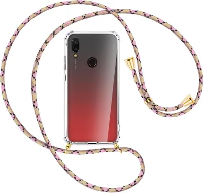 Produktbild von Handykette Backcover-Schutzhülle mit Band (Metall goldfarben) für Xiaomi Redmi 7 - rosa Karo