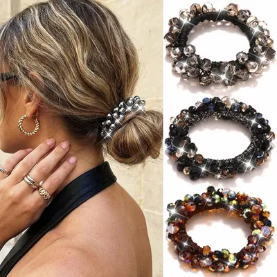 Productafbeelding van Haarbandjes met strasssteentjes en parels, glinsterende paardenstaartelastieken, haaraccessoires voor dames, set van 3