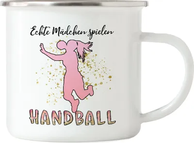 Produktbild von Echte Mädchen spielen Handball Emaille Tasse Handballerin Verein Schwester Freundin