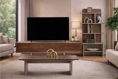 Immagine prodotto di Elegante set da soggiorno marrone, composto da divano e mobile TV a basso profilo, e un raffinato tavolino