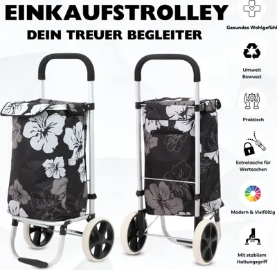 Produktbild von 50 L Aluminium Einkaufstrolley klappbar – wasserabweisender Einkaufswagen mit 2 Rädern, faltbare Einkaufstasche – Blumen-Design