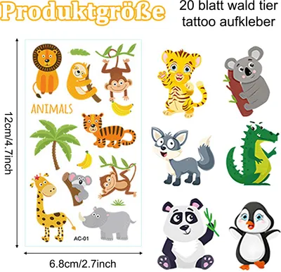 Produktbild von 20 Stück Hautfreundliches Tier Tattoo Set, Kinder Tattoos Mädchen Jungen Sticker Kinder als Gastgeschenk für Kindergeburtstagsbegleiter