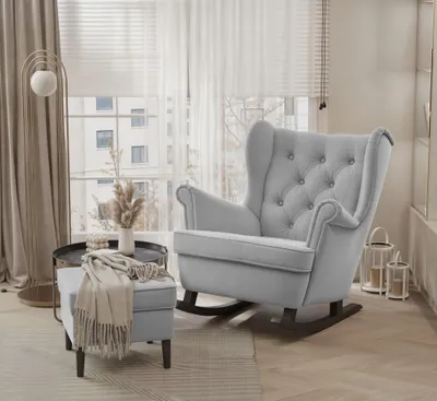 Productafbeelding van Schommelstoel, orenstoel, fauteuil NINON, inclusief voetenbankje, bekleed met stof Trinity, lichtgrijs