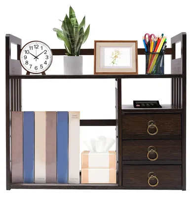 Zdjęcie produktu dla Półka na biurko – organizer na biurko – trzy poziomy – bambus – wymiary 50×19×45 cm – wymagany montaż – minimalistyczny design – kolor orzechowy