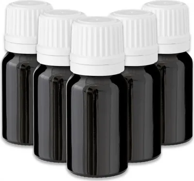 Produktbild von 5x Schwarze Glasflasche 10 ml mit weißem Tropfer Tropfeinsatz Mini Set