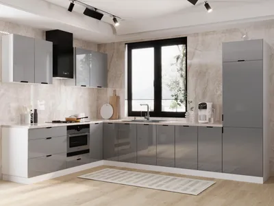 Produktbild von Winkelküche – L-küche – Eckküche – Küchenblock – KU-S62 – 230 × 340 cm – Lunara – Grau Hochglanz – Ohne Arbeitsplatte & Elektrogeräte