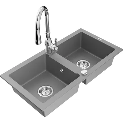 Obrázek produktu pro Mexen Mario 2-miskový granitový dřez s kuchyňskou baterií Savita, Šedá - 6504-71-672601-00
