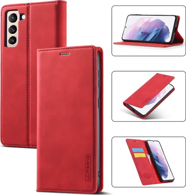Obrázek produktu pro Galaxy S21 5G Kožené pouzdro s funkcí stojánku a držákem karet, peněženkový design pouzdro pro Samsung Galaxy S21 5G červené