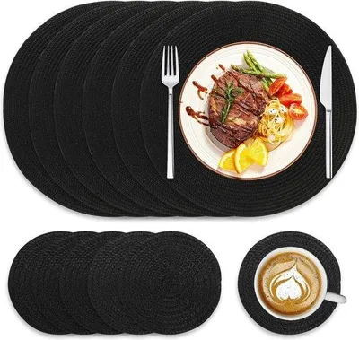 Image de Lot de 6 sets de table tissés, résistants à la chaleur, noirs, 38 cm