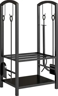 Produktbild von Kaminholzständer/Brennholzregal, 2-etagig, mit Kaminbesteck, bis 100 kg, Stahl, Schwarz, 40 × 30 × 74,5 cm