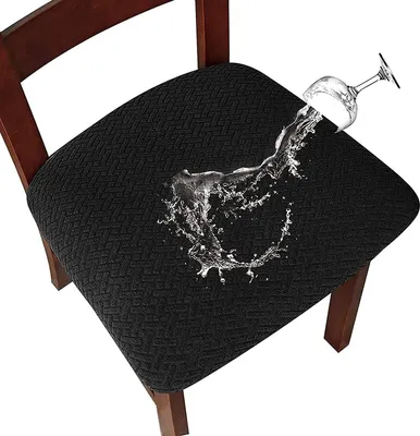 Produktbild von DigiRigi® Wasserdichte, waschbare Stretch-Stuhlhussen 4er-Set – Jacquard, Schwarz, 92% Polyester/8% Elasthan, passend für Sitzkissen L/B 35,5–46,5 cm, Stärke 4,5–6,5 cm