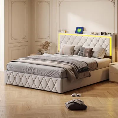 Immagine prodotto di Letto imbottito idraulico INONEFT, 140x190 cm, con USB, letto per ragazzi con spazio contenitore, letto matrimoniale con rete a doghe, in velluto, color beige