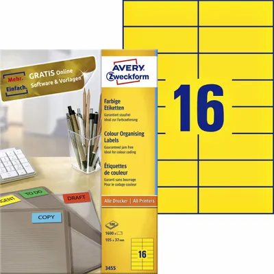 Produktbild von Avery Zweckform - Etikett Zweckform 3455 105x37mm gelb 1600 Stück