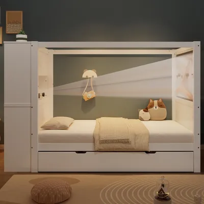 Obrázek produktu pro okwish Dětská postel 90×200 Jednolůžko, dřevěná postel s úložným prostorem, ochranná zábrana s úložnou skříňkou, zásuvka na kolečkách, bílá + přírodní (bez matrace)