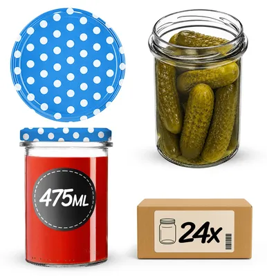 Produktbild von KADAX Einmachgläser 475ml mit Ø 82 mm Schraubdeckel, Marmeladengläser, Schraubgläser zum Einkochen, Einmachen und Aufbewahren von Marmelade & Honig (Blaue Punkte, 24 Stück)