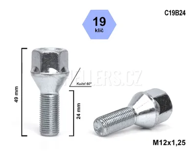 Obrázek produktu pro Kolový šroub M12x1,25x24 kužel, klíč 19, C19B24, výška 49 mm