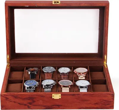 Produktbild von Uhrenaufbewahrung - Uhrenbox für 12 Uhren - Glasdeckel - Holz mit Samt - Rechteckig - 31 x 19,8 x 8 cm