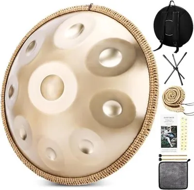 Produktbild von 22-Zoll-Handpan-Trommel aus Stahl mit 9/10/12 Tönen, 432/440 Hz und D-Moll für Yoga, Meditation und Klangheilung, Gold, 10 Töne – 440 Hz
