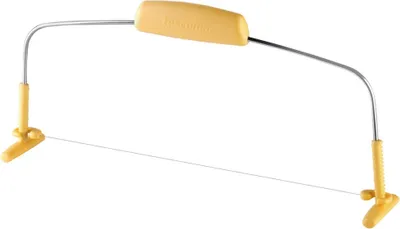 A cake leveler with a yellow handle and silver wire, shown against a white background.