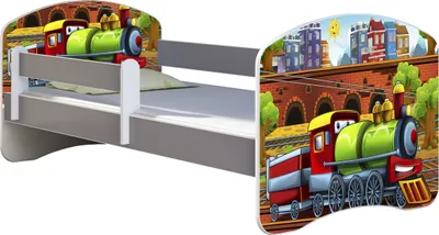 Produktbild von ACMA Jugendbett Kinderbett Junior-Bett Komplett-Set mit Matratze Lattenrost und Rausfallschutz Grau 44 Lokomotive 180x80