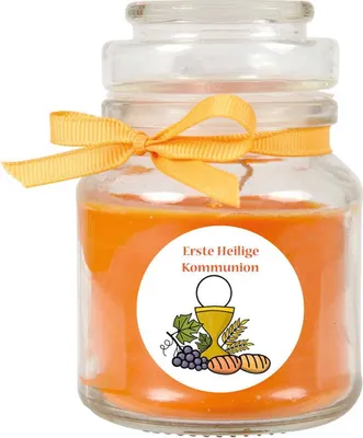 Zdjęcie produktu dla Świeca zapachowa w słoiku na komunię, zapach: melon spadziowy (pomarańcza), 120g - pali się do 30 godzin