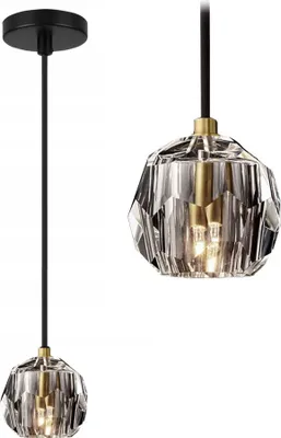 A product shot of a pendant lamp with a crystal shade and black cord.