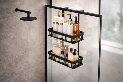 Immagine prodotto di Gancio doppio nero da appendere per doccia – Supporto per doccia da montare sulla porta o sulla cabina doccia – Organizer da bagno senza forature