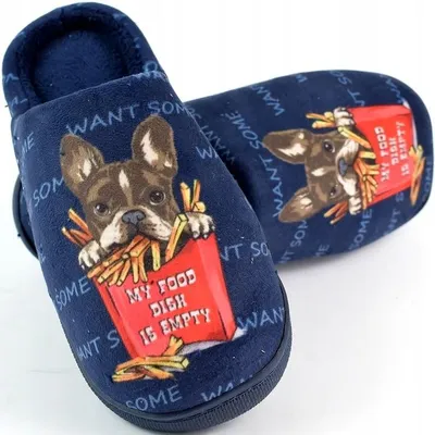 Productafbeelding van Damen slippers, warme pantoffels met bulldogprint in donkerblauw, maat 36/37