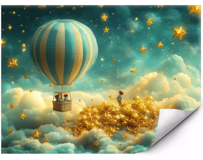 Produktbild von Selbstklebende Fototapete Ballon über den Wolken und goldenen Sternen 300x210 cm, KI-generiertes Bild