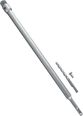 A silver-colored drill extension rod with a drill bit and a screw shown next to it, on a white background.