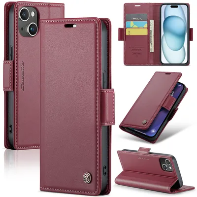 Obrázek produktu pro Pouzdro pro iPhone 15, RFID Blokování Karet, Pokročilé Flip Kožené Pouzdro s Funkcí Stojánku červené