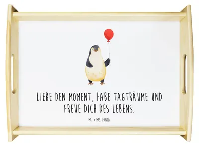 Produktbild von Mr. & Mrs. Panda Tablett Pinguin Luftballon - Weiß - Geschenk, Dekotablett, Frühstückstablett, Holztablett, sofatablett, Geschenkidee, holz, Motivation, Liebe, Glück