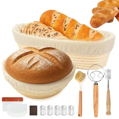 Produktbild von Juksun Gärkörbchen Set rund 23cm oval 25cm Rattan 2-teilig mit Zubehör für Brotbacken