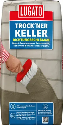 A bag of waterproofing slurry with a hand applying it to a brick wall.
