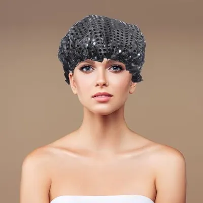 Produktbild von Pailletten-Duschhaube für Damen und Herren, elastische Badehaube aus doppellagigem PEVA, wiederverwendbare Badekappe zum Duschen und zum Schutz der Haare