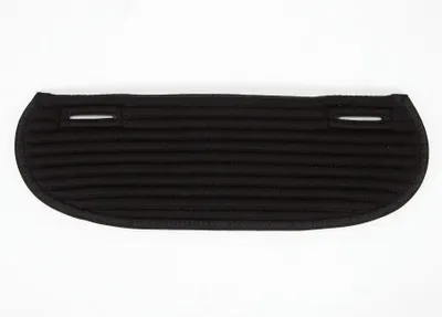 A black trapezoidal saddle pad with ribbed texture and two small slots on the top edge, shown flat against a white background.