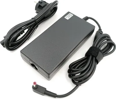 A black laptop power adapter with its cables.