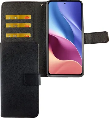 A black flip case for a smartphone is shown open, with the phone inside and three card slots visible on the left.