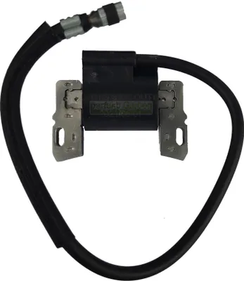 A black ignition coil with silver mounting brackets and a black cable on a white background.