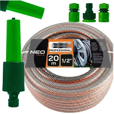 Obrázok produktu pre Sada záhradnej hadice NEO TOOLS 20 m, 1/2 palca, 6-vrstvový profesionálny zavlažovací systém s postrekovačom VERTO a prípojkami