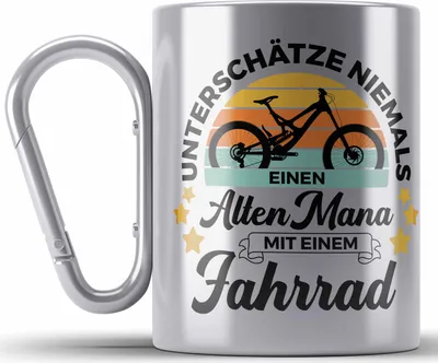 Produktbild von Trendation - Fahrradfahrer Geschenk Edelstahl Tasse Karabiner Spruch Rennrad Mountainbike Geschenkidee Radfahrer Rentner Rente (Silber)