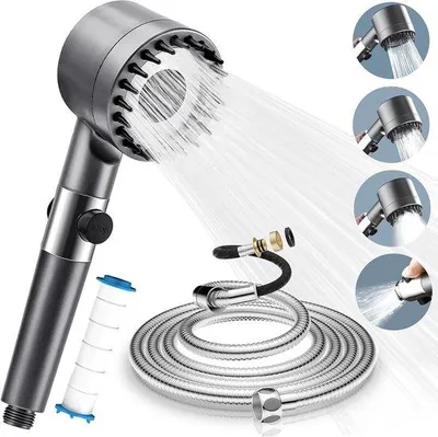Produktbild von Regenduschekop - Regenduschenkopfen - Wasserbesparende Hochdruck-Duschkopf mit 2m-Schlauch, einstellbar, antikalk und Filter, 4-Schlauchmodi mit Stopfunktion