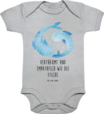 Produktbild von Mr. & Mrs. Panda Strampler Sternzeichen Fische 3. - 6. Monat - Heather Grey - Geschenk, Einteiler, Fisch, Babystrampler, Geburtstag Februar, Baby, Sternbild, März