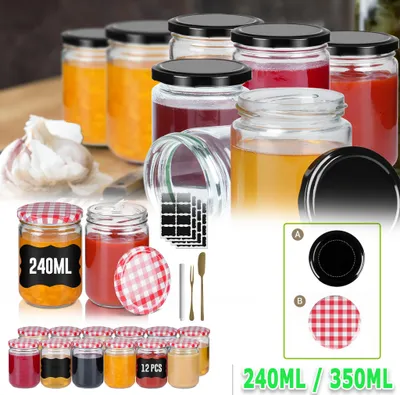Produktbild von LARS360 Quadratische Marmeladengläser 24er Set mit Rot-Weiß Kariertem Deckel – 350ml Glas Vorratsdosen, mit Etiketten, Kreidestift und Obstmesser