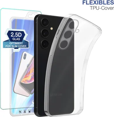 Produktbild von Slim Cover für Samsung Galaxy S23 FE mit 9H Displayglas Displayschutz Hülle Transparent Flexibel Elastisch Backcover Schutzhülle Handyhülle