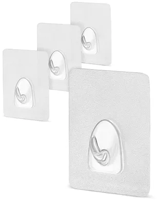 Produktbild von Selbstklebende und wiederverwendbare Haken | Acrylfreie, transparente, selbstklebende Haken 6 x 8 cm | Wandhaken für ein Gewicht bis zu 3 kg | Handtuchhaken ohne Bohren | Haken für Küche, Bad und Dekoration (4 Stück)
